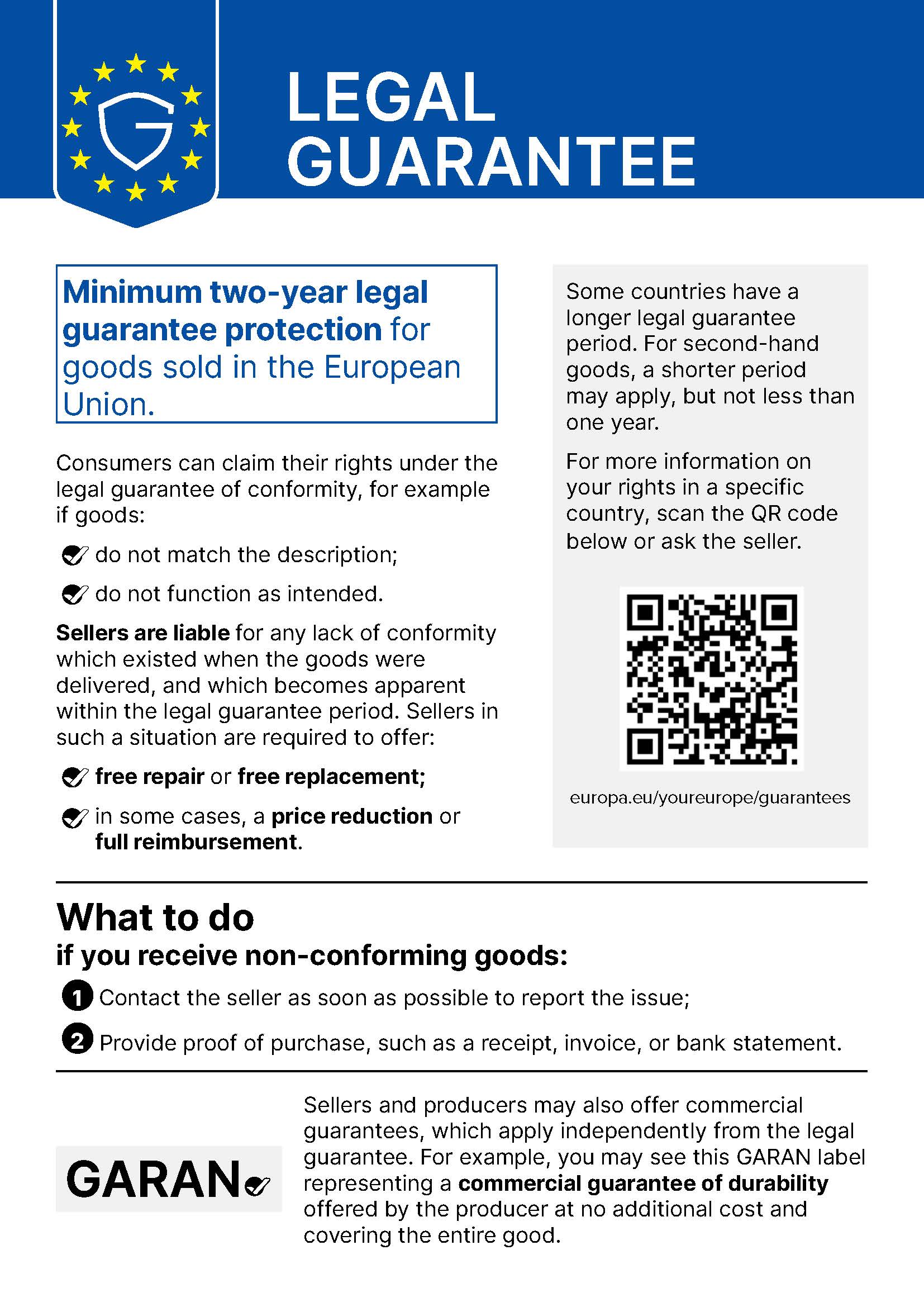EU notice on the legal guarantee: minimum two-year legal guarantee for goods sold in the EU